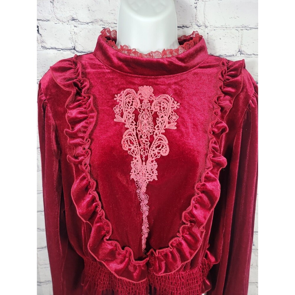 ROMWE Velvet Top 1XL Red Victorian Gothic Witch Ruffled High Neck Crochet NEW - Picture 2 of 9